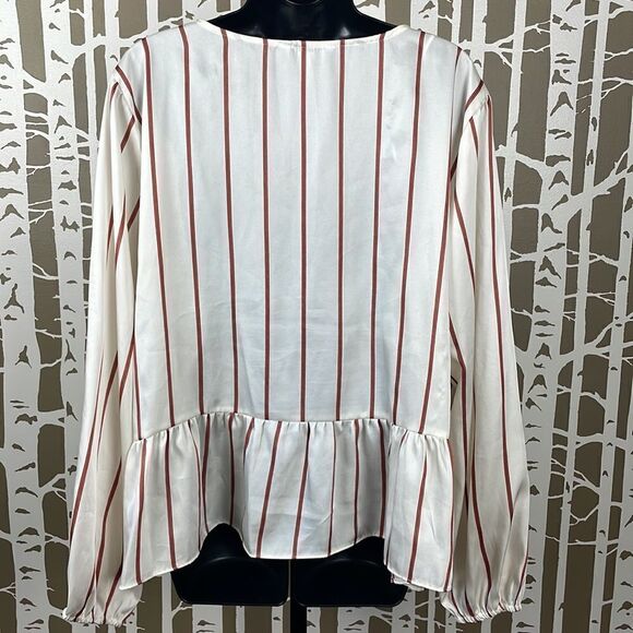 Terracotta Striped Balloon Sleeve Ruffle Hem V-Neck Blouse sz XXL - Picture 6 of 7